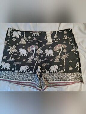 LOFT Dark Blue Elephant Floral Tree Print Shorts with Pink Accents